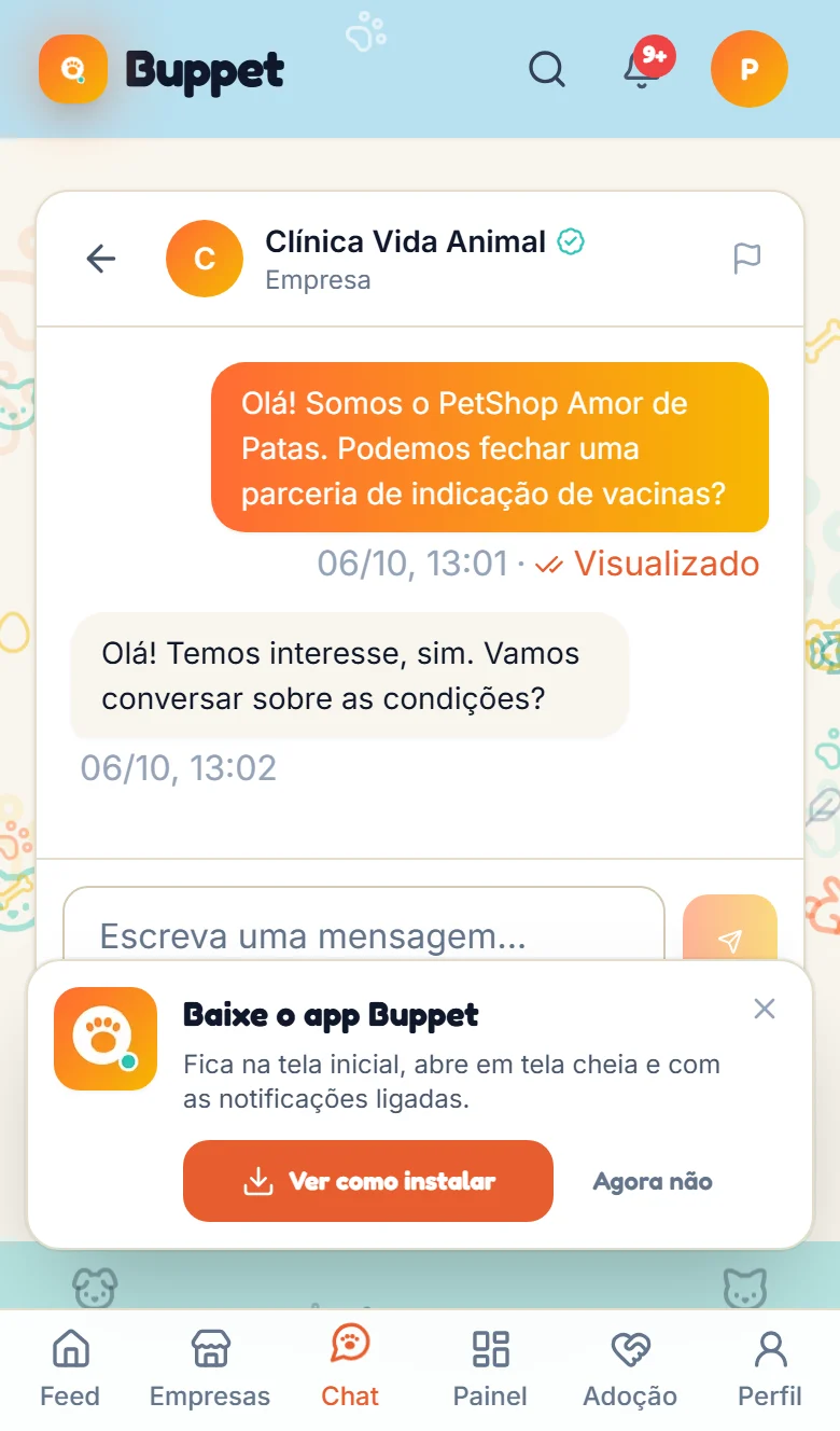 Buppet chat screen with messages exchanged between a pet shop and a clinic.