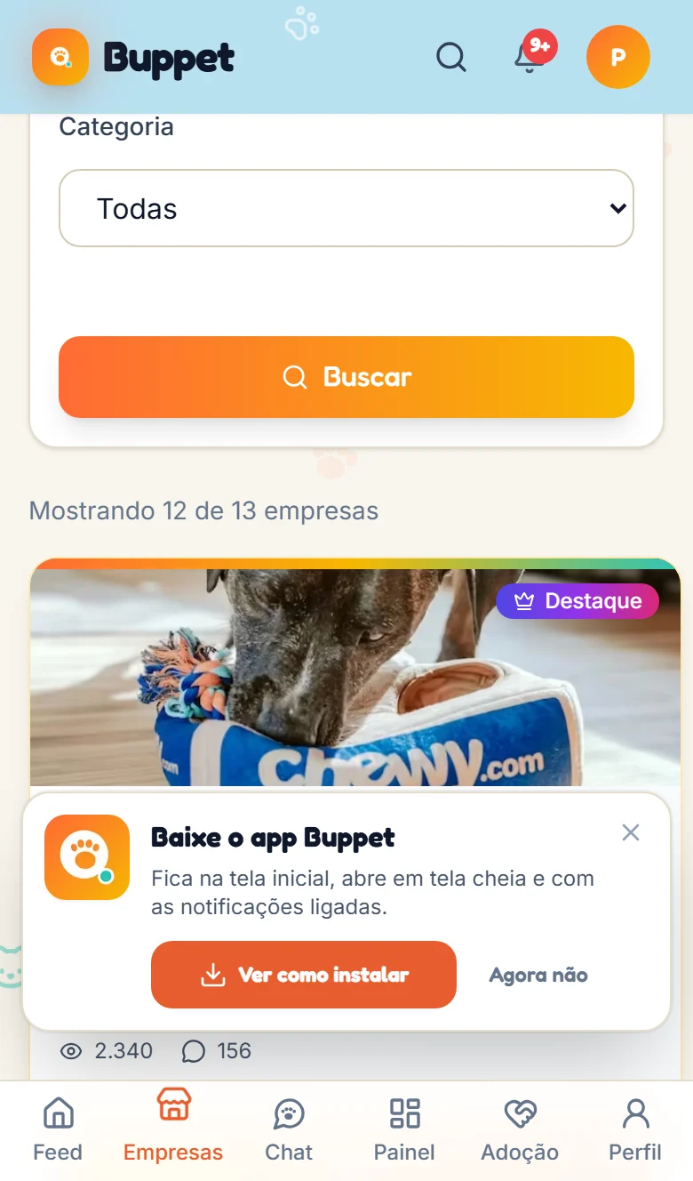 Buppet business search screen with filters for state, city and category.